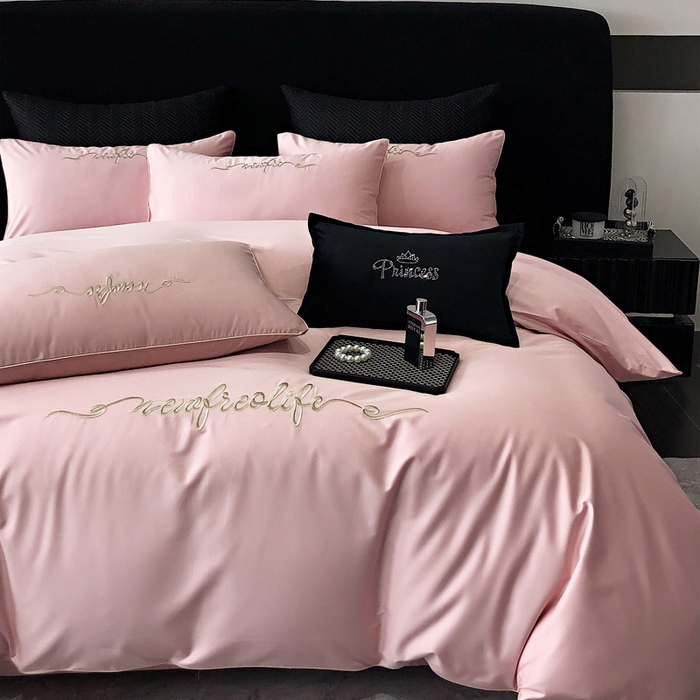 91家纺网 家纺一手货源 找家纺 禧澜庭 2026新款高支纯棉全棉斜纹四件套刺绣绣花款轻奢三件套--卡罗系列 戴妃粉