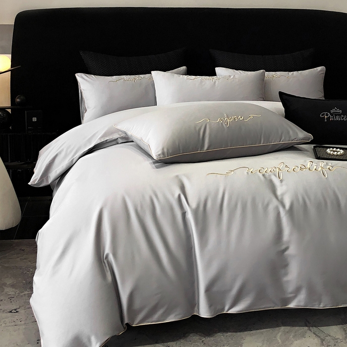 91家纺网 家纺一手货源 找家纺 禧澜庭 2026新款高支纯棉全棉斜纹四件套刺绣绣花款轻奢三件套--卡罗系列 月光灰