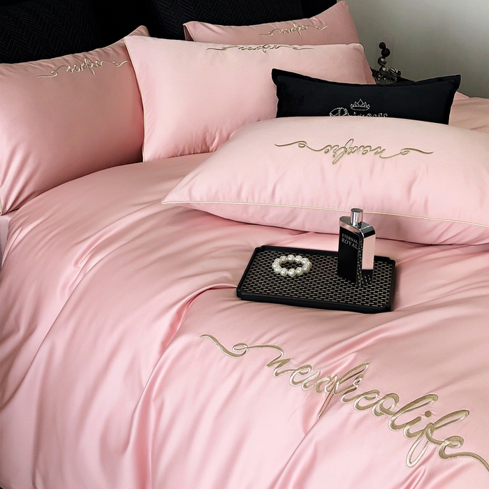 91家纺网 家纺一手货源 找家纺 禧澜庭 2026新款高支纯棉全棉斜纹四件套刺绣绣花款轻奢三件套--卡罗系列 戴妃粉