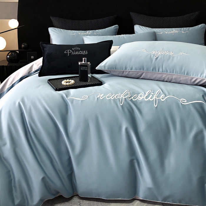 91家纺网 家纺一手货源 找家纺 禧澜庭 2026新款高支纯棉全棉斜纹四件套刺绣绣花款轻奢三件套--卡罗系列 魅力蓝+浅灰