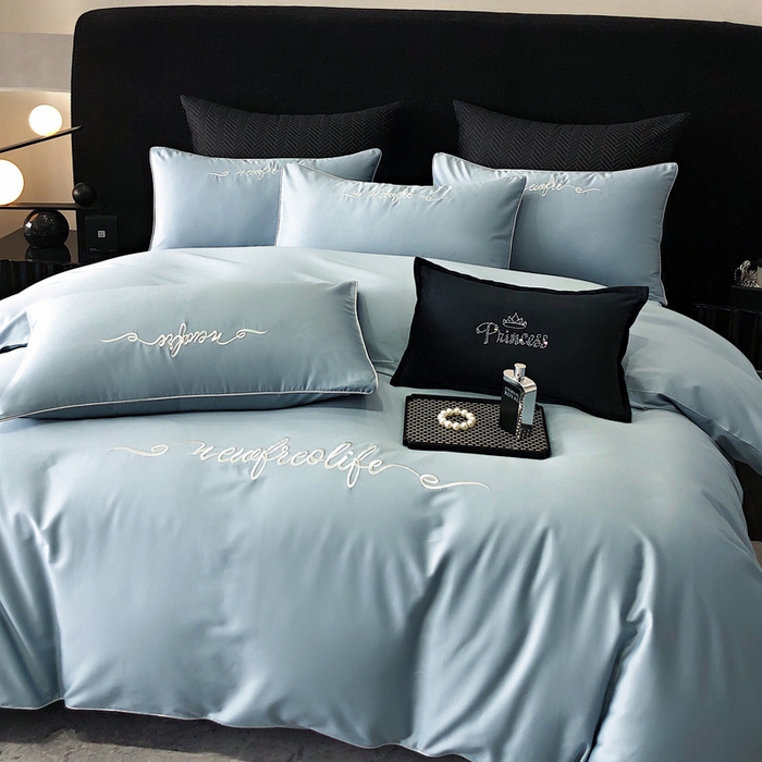 91家纺网 家纺一手货源 找家纺 禧澜庭 2026新款高支纯棉全棉斜纹四件套刺绣绣花款轻奢三件套--卡罗系列 魅力蓝