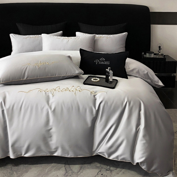 91家纺网 家纺一手货源 找家纺 禧澜庭 2026新款高支纯棉全棉斜纹四件套刺绣绣花款轻奢三件套--卡罗系列 月光灰