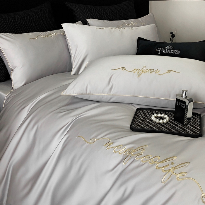 91家纺网 家纺一手货源 找家纺 禧澜庭 2026新款高支纯棉全棉斜纹四件套刺绣绣花款轻奢三件套--卡罗系列 月光灰