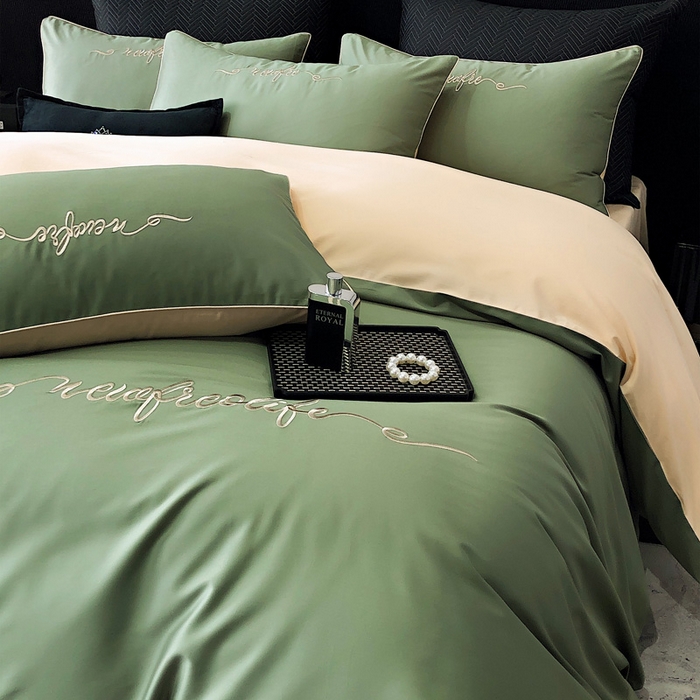 91家纺网 家纺一手货源 找家纺 禧澜庭 2026新款高支纯棉全棉斜纹四件套刺绣绣花款轻奢三件套--卡罗系列 莺茶绿+卡其