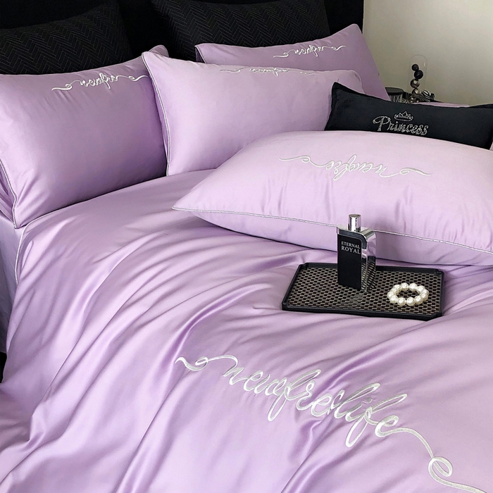 91家纺网 家纺一手货源 找家纺 禧澜庭 2026新款高支纯棉全棉斜纹四件套刺绣绣花款轻奢三件套--卡罗系列 珠光紫