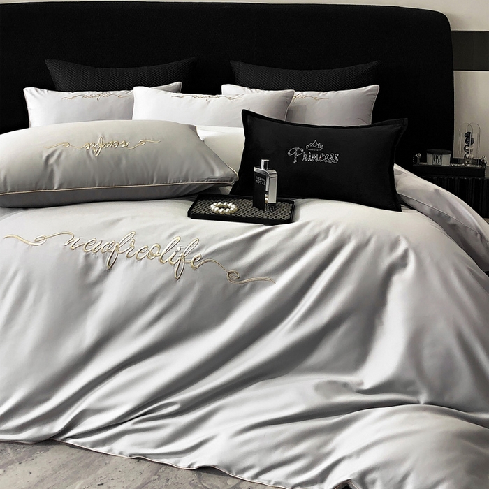 91家纺网 家纺一手货源 找家纺 禧澜庭 2026新款高支纯棉全棉斜纹四件套刺绣绣花款轻奢三件套--卡罗系列 月光灰