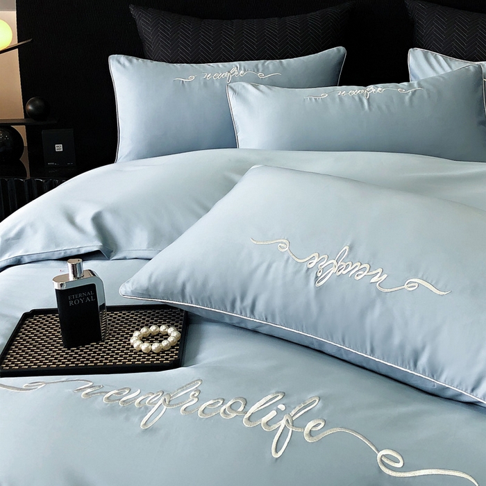 91家纺网 家纺一手货源 找家纺 禧澜庭 2026新款高支纯棉全棉斜纹四件套刺绣绣花款轻奢三件套--卡罗系列 魅力蓝