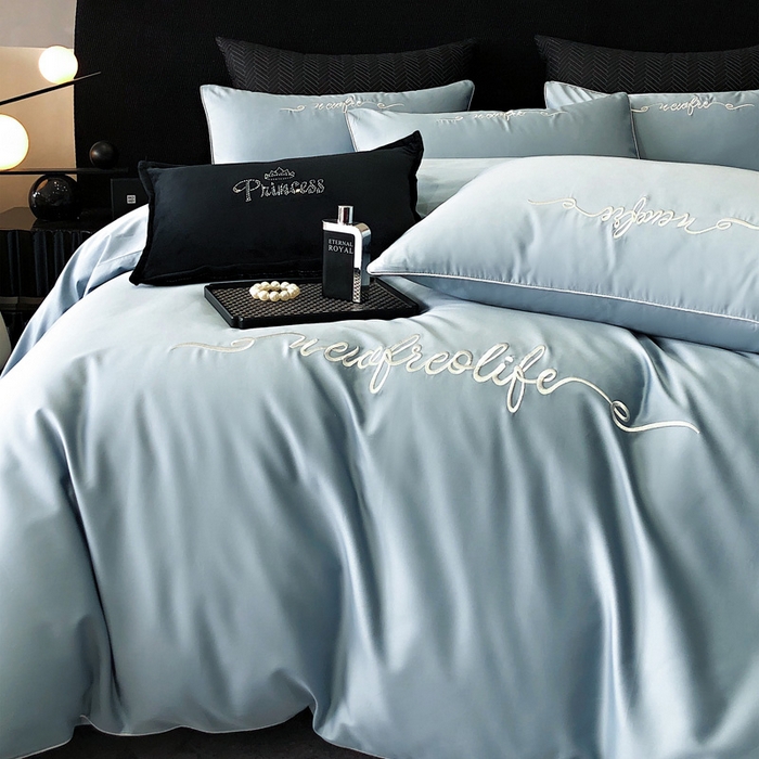 91家纺网 家纺一手货源 找家纺 禧澜庭 2026新款高支纯棉全棉斜纹四件套刺绣绣花款轻奢三件套--卡罗系列 魅力蓝