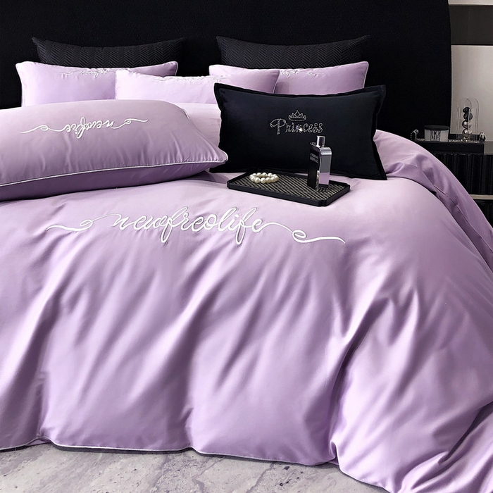 91家纺网 家纺一手货源 找家纺 禧澜庭 2026新款高支纯棉全棉斜纹四件套刺绣绣花款轻奢三件套--卡罗系列 珠光紫