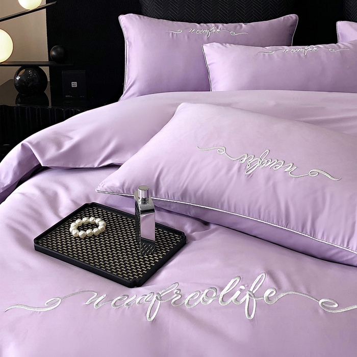 91家纺网 家纺一手货源 找家纺 禧澜庭 2026新款高支纯棉全棉斜纹四件套刺绣绣花款轻奢三件套--卡罗系列 珠光紫