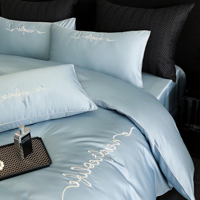 91家纺网 家纺一手货源 找家纺 禧澜庭 2026新款高支纯棉全棉斜纹四件套刺绣绣花款轻奢三件套--卡罗系列 魅力蓝