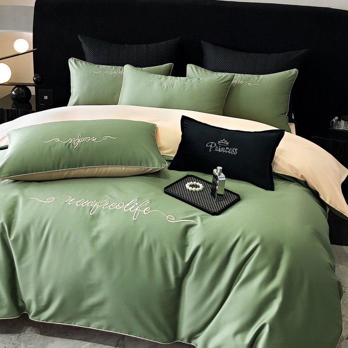 91家纺网 家纺一手货源 找家纺 禧澜庭 2026新款高支纯棉全棉斜纹四件套刺绣绣花款轻奢三件套--卡罗系列 莺茶绿+卡其