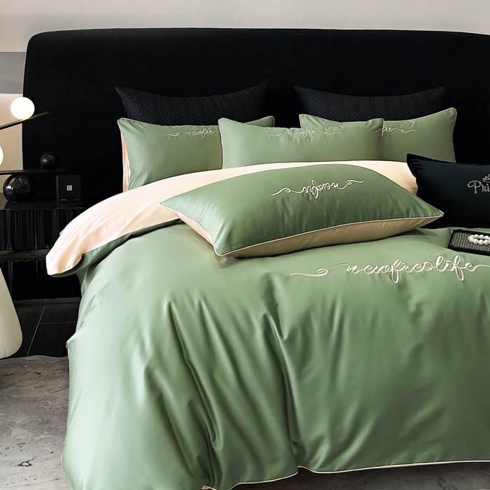 91家纺网 家纺一手货源 找家纺 禧澜庭 2026新款高支纯棉全棉斜纹四件套刺绣绣花款轻奢三件套--卡罗系列 莺茶绿+卡其