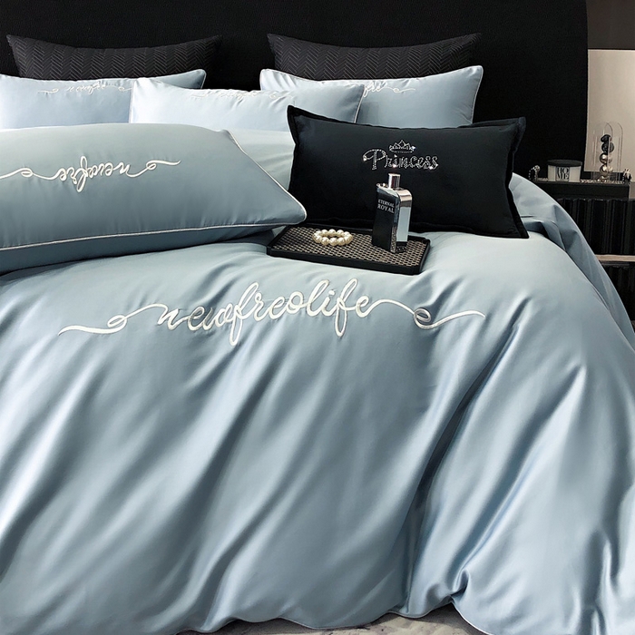 91家纺网 家纺一手货源 找家纺 禧澜庭 2026新款高支纯棉全棉斜纹四件套刺绣绣花款轻奢三件套--卡罗系列 魅力蓝