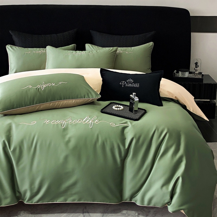 91家纺网 家纺一手货源 找家纺 禧澜庭 2026新款高支纯棉全棉斜纹四件套刺绣绣花款轻奢三件套--卡罗系列 莺茶绿+卡其