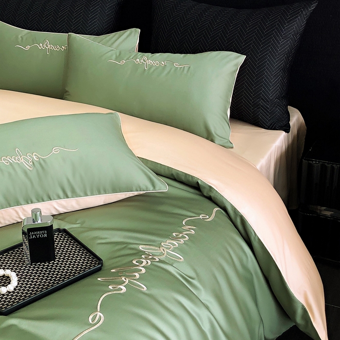 91家纺网 家纺一手货源 找家纺 禧澜庭 2026新款高支纯棉全棉斜纹四件套刺绣绣花款轻奢三件套--卡罗系列 莺茶绿+卡其