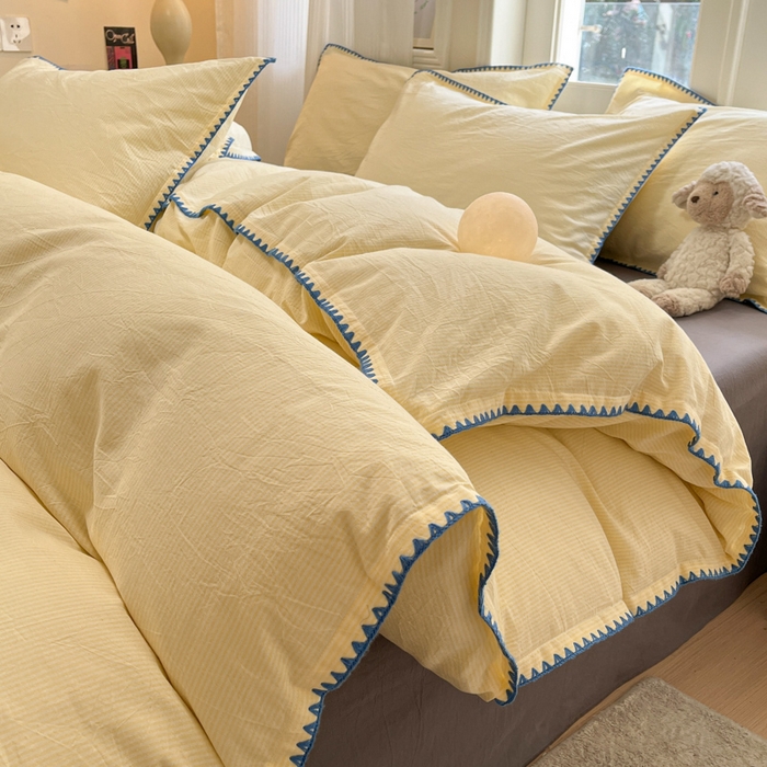 91家纺网 家纺一手货源 找家纺 禧澜庭 2026新款全棉纯棉水洗棉贝壳边三角针四件套 初见-黄