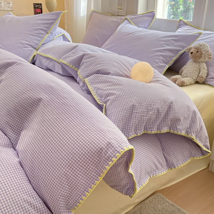 91家纺网 家纺一手货源 找家纺 禧澜庭 2026新款全棉纯棉水洗棉贝壳边三角针四件套 简格-紫