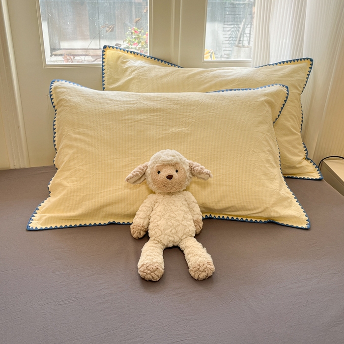 91家纺网 家纺一手货源 找家纺 禧澜庭 2026新款全棉纯棉水洗棉贝壳边三角针四件套 初见-黄