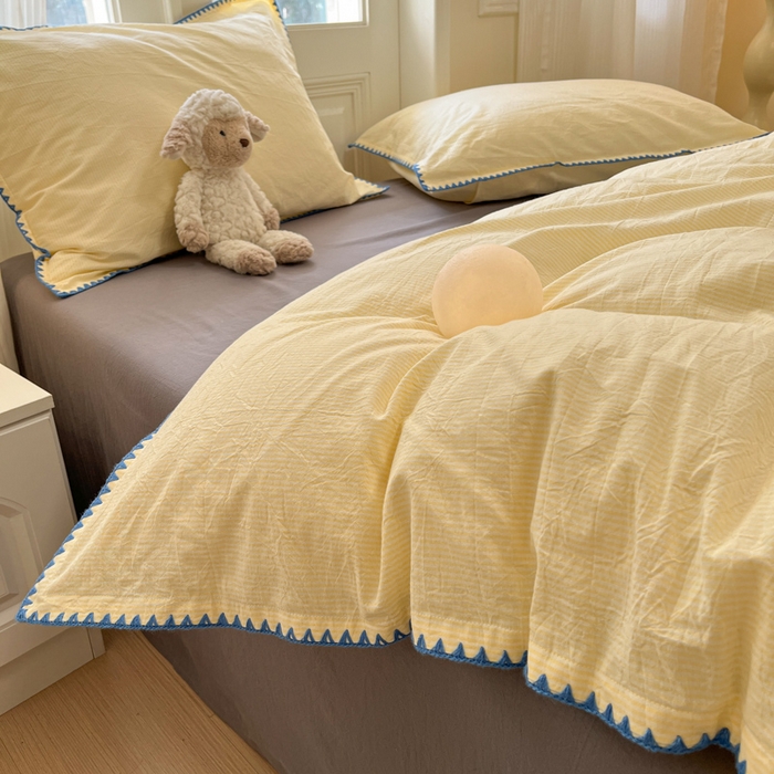 91家纺网 家纺一手货源 找家纺 禧澜庭 2026新款全棉纯棉水洗棉贝壳边三角针四件套 初见-黄