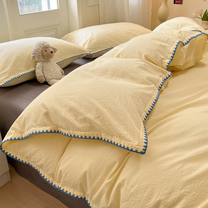 91家纺网 家纺一手货源 找家纺 禧澜庭 2026新款全棉纯棉水洗棉贝壳边三角针四件套 初见-黄