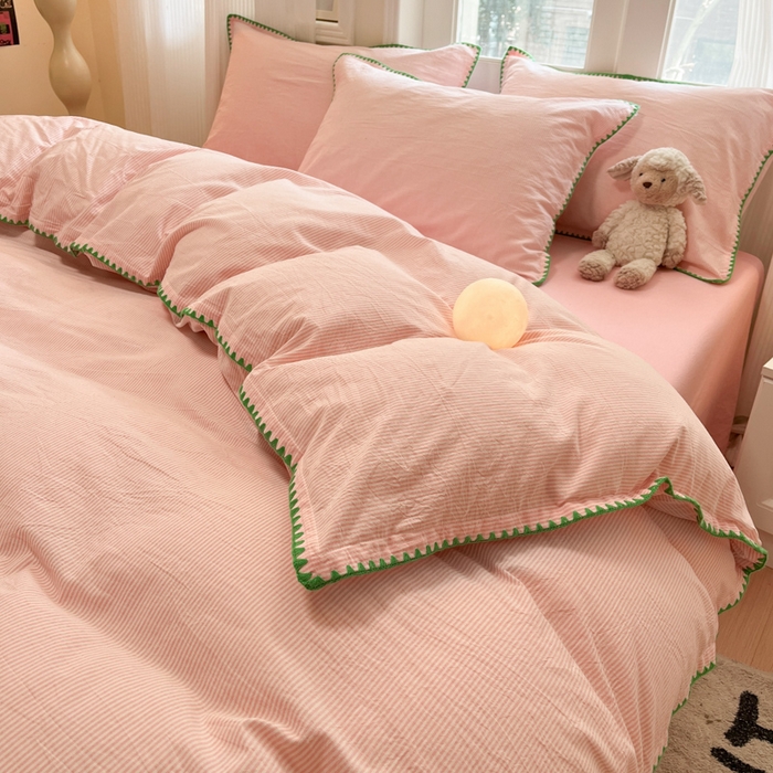 91家纺网 家纺一手货源 找家纺 禧澜庭 2026新款全棉纯棉水洗棉贝壳边三角针四件套 初见-粉