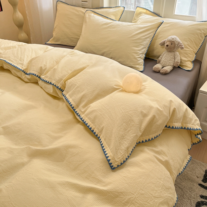 91家纺网 家纺一手货源 找家纺 禧澜庭 2026新款全棉纯棉水洗棉贝壳边三角针四件套 初见-黄