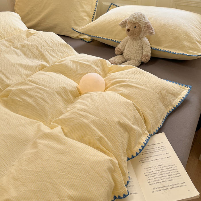 91家纺网 家纺一手货源 找家纺 禧澜庭 2026新款全棉纯棉水洗棉贝壳边三角针四件套 初见-黄