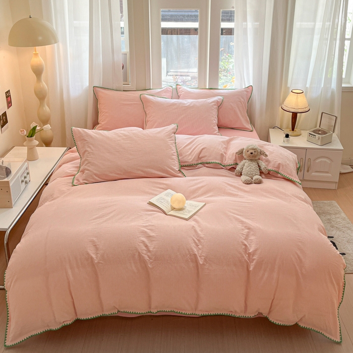 91家纺网 家纺一手货源 找家纺 禧澜庭 2026新款全棉纯棉水洗棉贝壳边三角针四件套 初见-粉