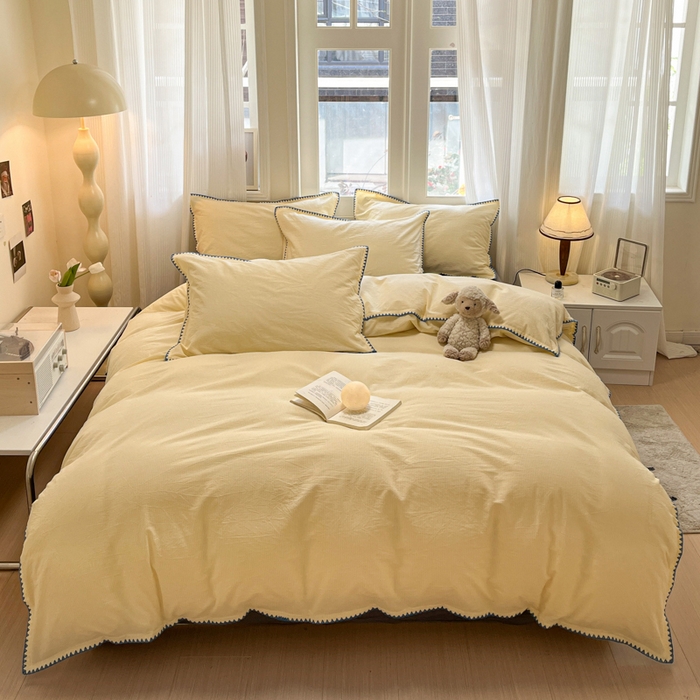 91家纺网 家纺一手货源 找家纺 禧澜庭 2026新款全棉纯棉水洗棉贝壳边三角针四件套 初见-黄