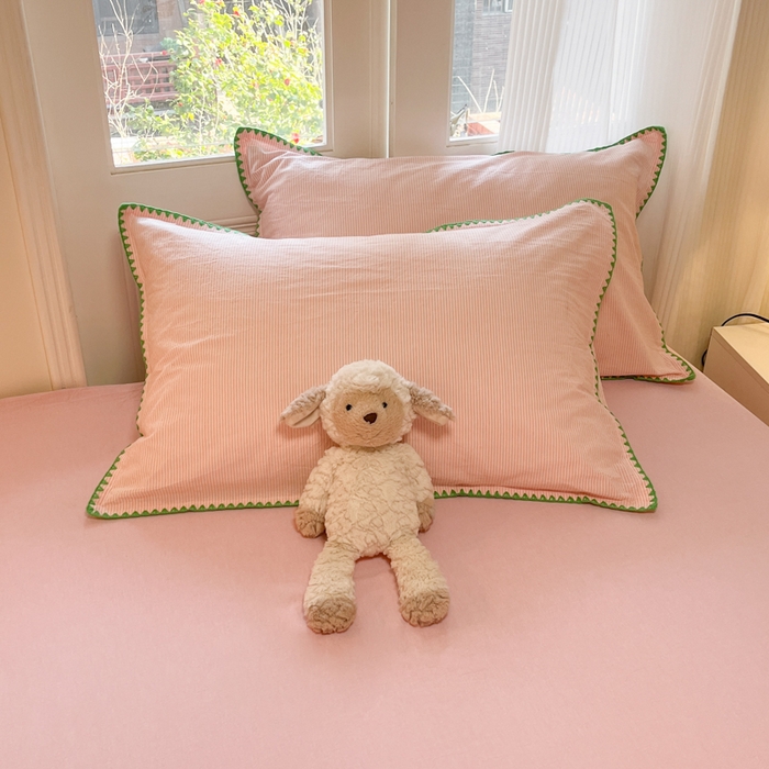 91家纺网 家纺一手货源 找家纺 禧澜庭 2026新款全棉纯棉水洗棉贝壳边三角针四件套 初见-粉