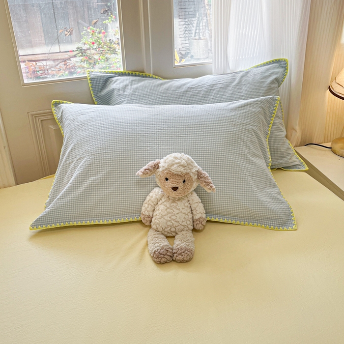 91家纺网 家纺一手货源 找家纺 禧澜庭 2026新款全棉纯棉水洗棉贝壳边三角针四件套 简格-蓝