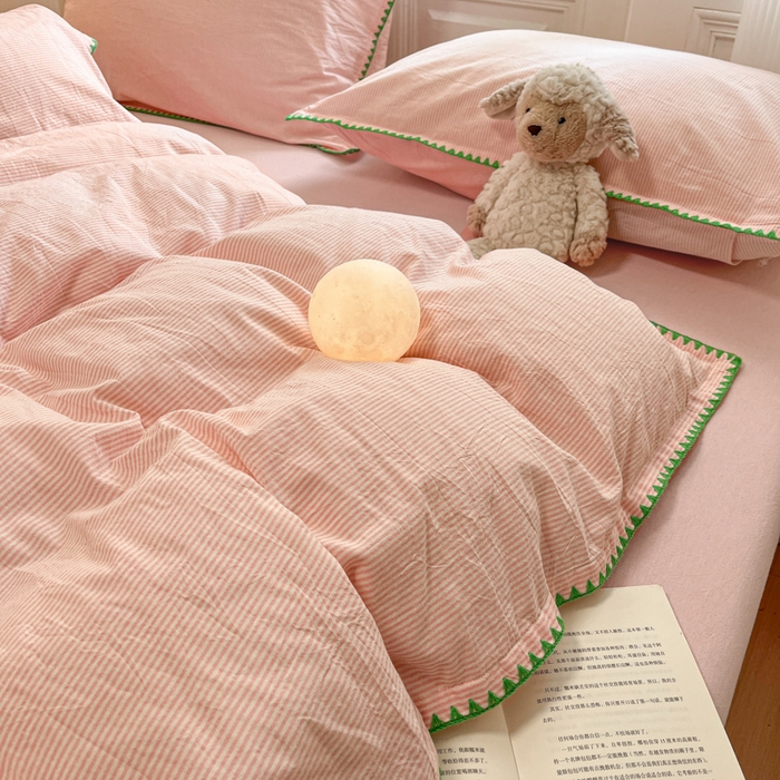 91家纺网 家纺一手货源 找家纺 禧澜庭 2026新款全棉纯棉水洗棉贝壳边三角针四件套 初见-粉