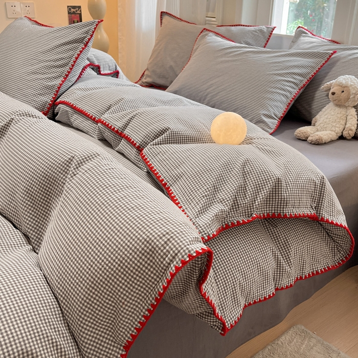 禧澜庭 2026新款全棉纯棉水洗棉贝壳边三角针四件套 简格-灰