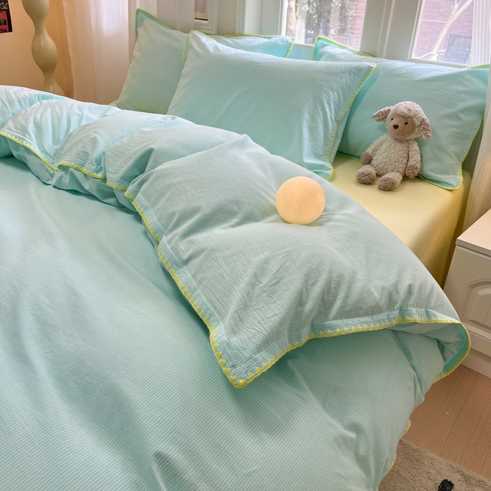 91家纺网 家纺一手货源 找家纺 禧澜庭 2026新款全棉纯棉水洗棉贝壳边三角针四件套 初见-蓝