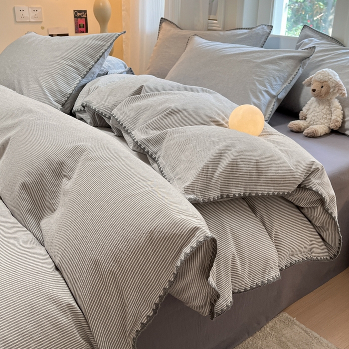 禧澜庭 2026新款全棉纯棉水洗棉贝壳边三角针四件套 初见-灰