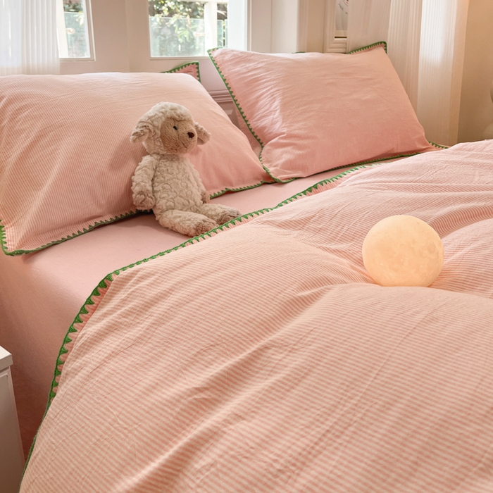 91家纺网 家纺一手货源 找家纺 禧澜庭 2026新款全棉纯棉水洗棉贝壳边三角针四件套 初见-粉