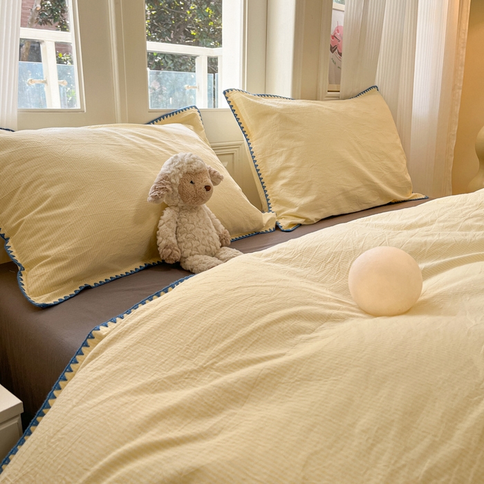 91家纺网 家纺一手货源 找家纺 禧澜庭 2026新款全棉纯棉水洗棉贝壳边三角针四件套 初见-黄