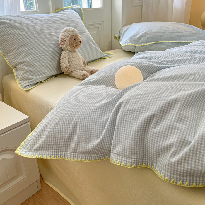 91家纺网 家纺一手货源 找家纺 禧澜庭 2026新款全棉纯棉水洗棉贝壳边三角针四件套 简格-蓝