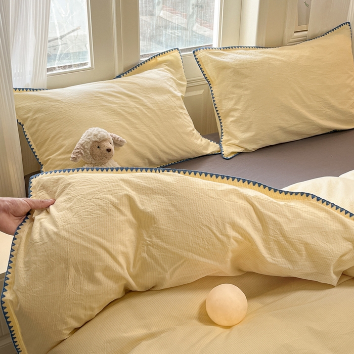 91家纺网 家纺一手货源 找家纺 禧澜庭 2026新款全棉纯棉水洗棉贝壳边三角针四件套 初见-黄