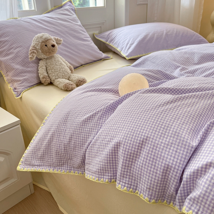 91家纺网 家纺一手货源 找家纺 禧澜庭 2026新款全棉纯棉水洗棉贝壳边三角针四件套 简格-紫