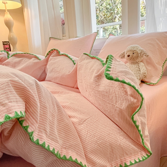 91家纺网 家纺一手货源 找家纺 禧澜庭 2026新款全棉纯棉水洗棉贝壳边三角针四件套 初见-粉