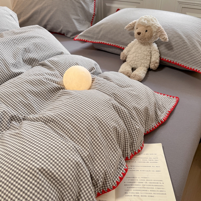 91家纺网 家纺一手货源 找家纺 禧澜庭 2026新款全棉纯棉水洗棉贝壳边三角针四件套 简格-灰