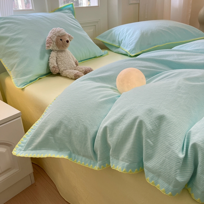 91家纺网 家纺一手货源 找家纺 禧澜庭 2026新款全棉纯棉水洗棉贝壳边三角针四件套 初见-蓝