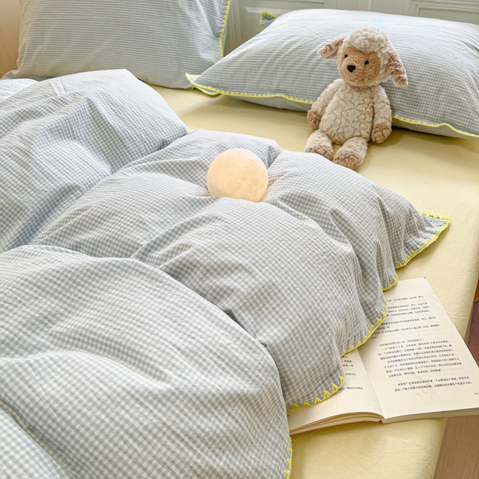 91家纺网 家纺一手货源 找家纺 禧澜庭 2026新款全棉纯棉水洗棉贝壳边三角针四件套 简格-蓝