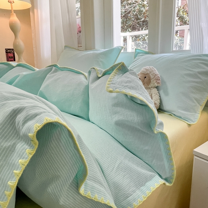 91家纺网 家纺一手货源 找家纺 禧澜庭 2026新款全棉纯棉水洗棉贝壳边三角针四件套 初见-蓝