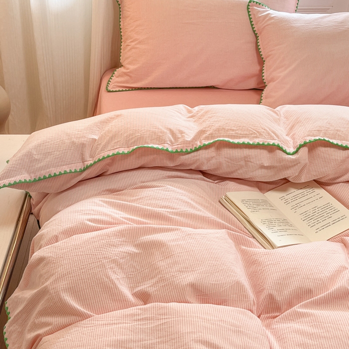 91家纺网 家纺一手货源 找家纺 禧澜庭 2026新款全棉纯棉水洗棉贝壳边三角针四件套 初见-粉