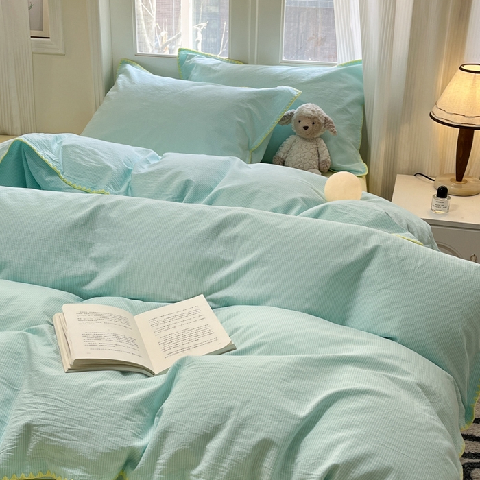 91家纺网 家纺一手货源 找家纺 禧澜庭 2026新款全棉纯棉水洗棉贝壳边三角针四件套 初见-蓝