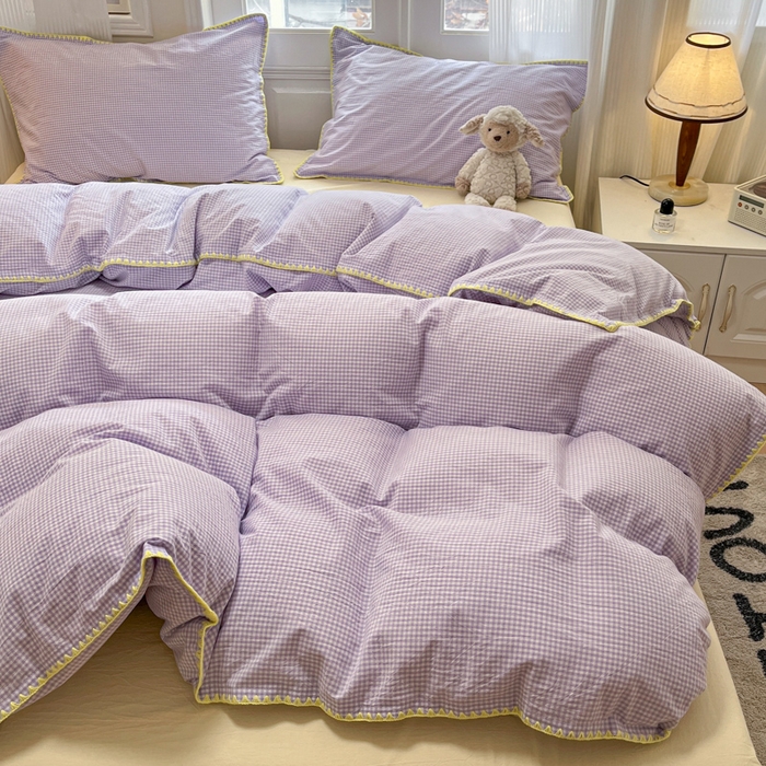 91家纺网 家纺一手货源 找家纺 禧澜庭 2026新款全棉纯棉水洗棉贝壳边三角针四件套 简格-紫