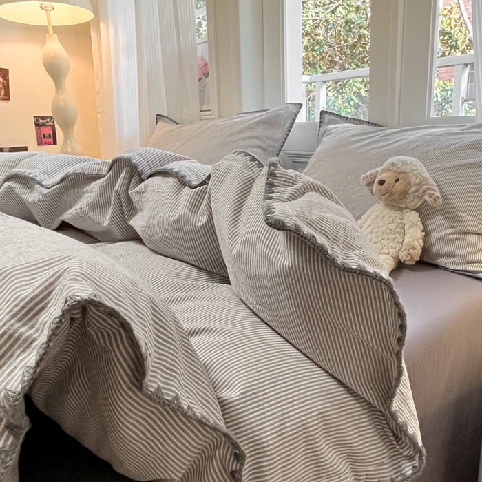 91家纺网 家纺一手货源 找家纺 禧澜庭 2026新款全棉纯棉水洗棉贝壳边三角针四件套 初见-灰